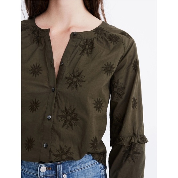 Madewell Embroidered Bubble Sleeve Blouse Top in Dark Olive - Picture 2 of 14